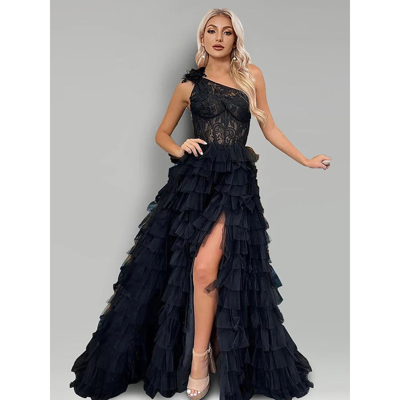 A-Line Evening Gown Floral Dress Wedding Party  Sleeveless One Shoulder Lace with Slit Appliques