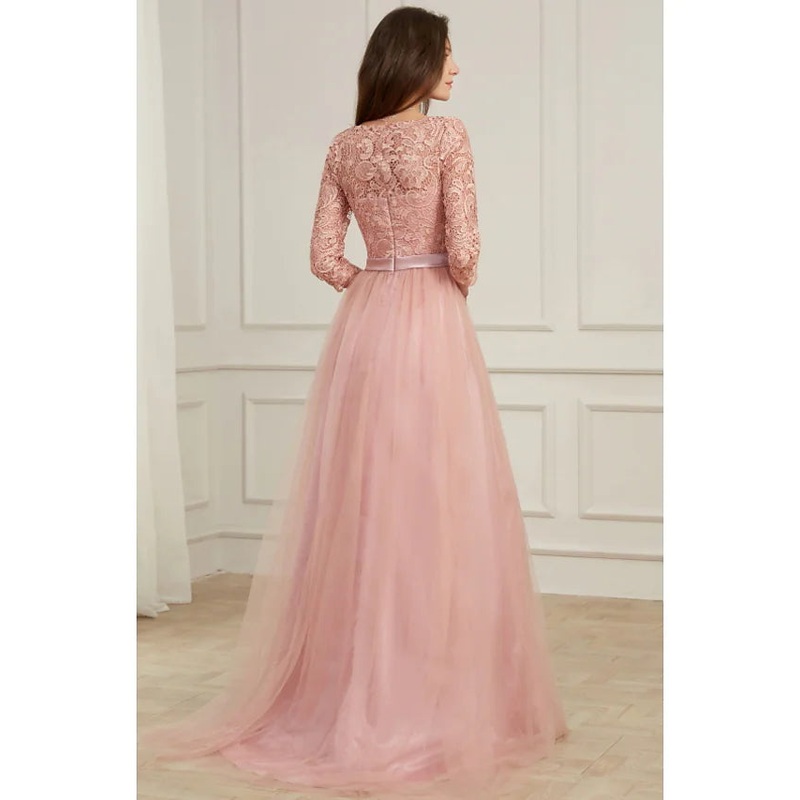 A-Line Evening Gown Spring Dress Party Wear Long Sleeve Jewel Neck Lace with Appliques