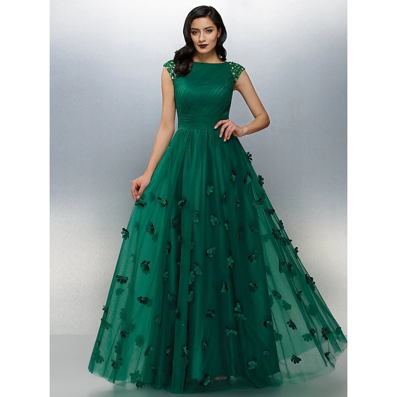 A-Line Floral Dress Wedding Guest Floor Length Short Sleeve Boat Neck Tulle with Crystals Appliques