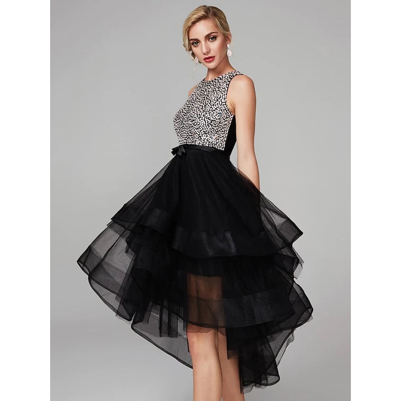 Ball Gown Cute Dress Homecoming Knee Length Sleeveless Jewel Neck Wednesday Addams Family Satin with Beading Cascading Ruffles