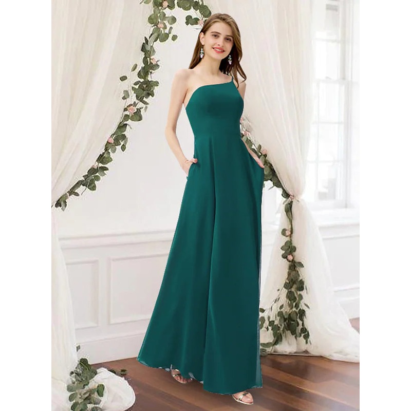Bridesmaid Dress One Shoulder Sleeveless Elegant Floor Length Chiffon with Pleats