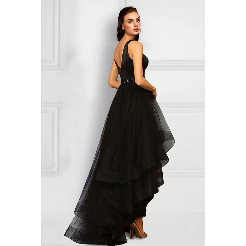 Cocktail Dresses Elegant Dress Party Wear Asymmetrical Sleeveless V Neck Organza with Rhinestone Ruffles