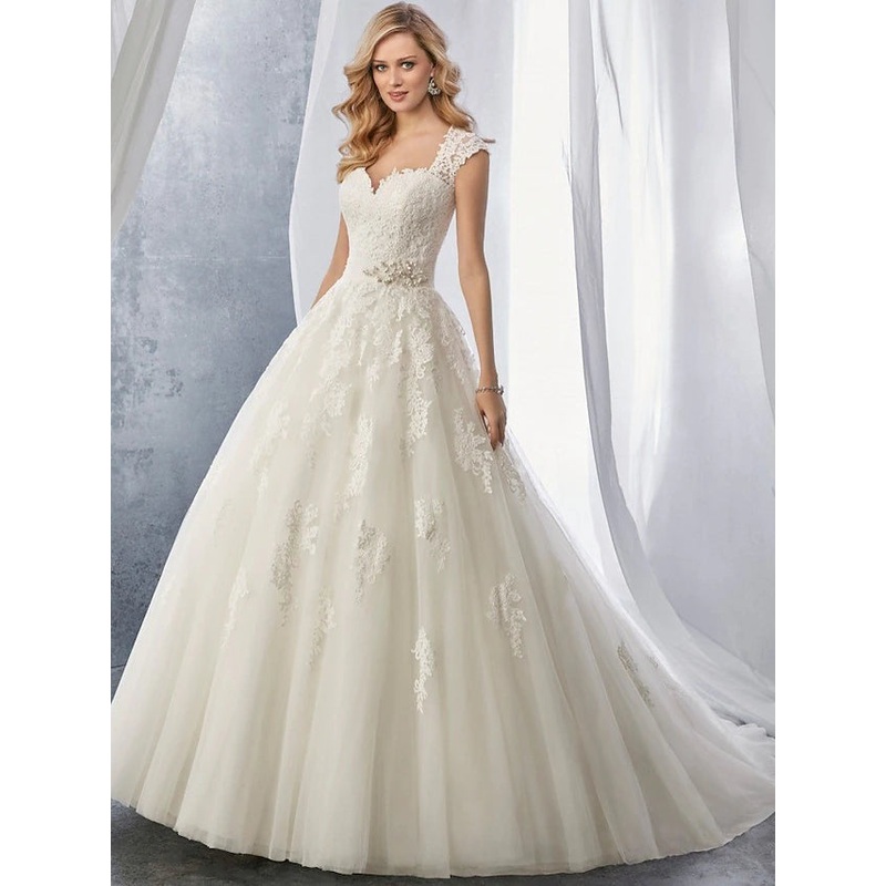 Engagement Formal Wedding Dresses Chapel Train Ball Gown Regular Straps Sweetheart Lace With Appliques