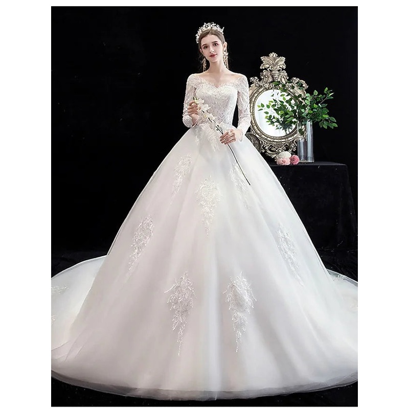 Engagement Formal Wedding Dresses Chapel Train Princess Long Sleeve Off Shoulder Lace With Beading Appliques