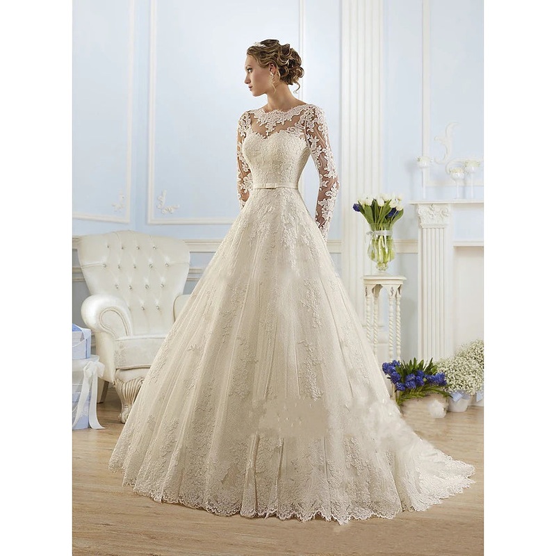 Engagement Formal Wedding Dresses Court Train A-Line Long Sleeve Jewel Neck Lace With Appliques