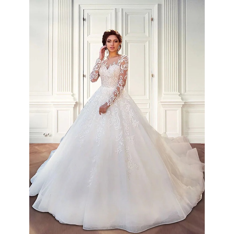 Engagement Formal Wedding Dresses Court Train Ball Gown Long Sleeve Jewel Neck Lace With Lace Appliques