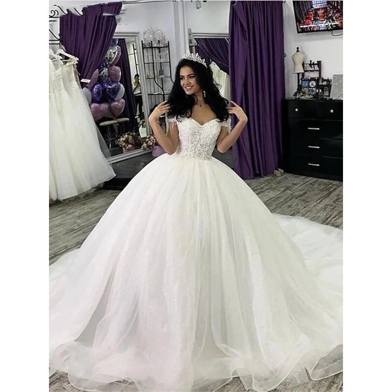 Engagement Formal Wedding Dresses Court Train Ball Gown Short Sleeve Off Shoulder Lace With Lace Appliques