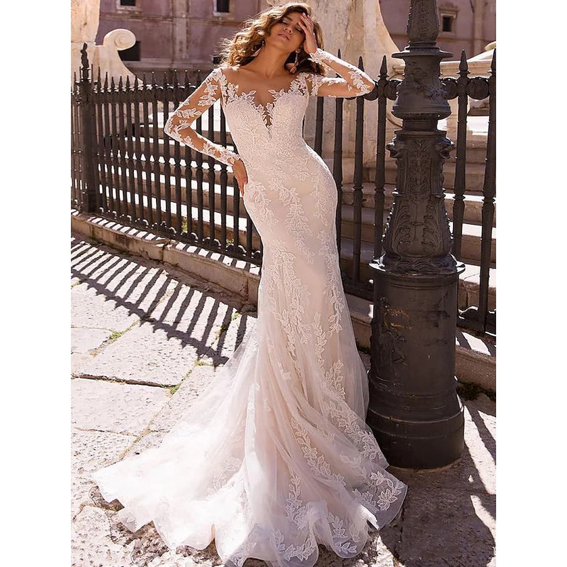 Engagement Formal Wedding Dresses Court Trumpet Long Sleeve V Neck Lace With Bridal Gowns