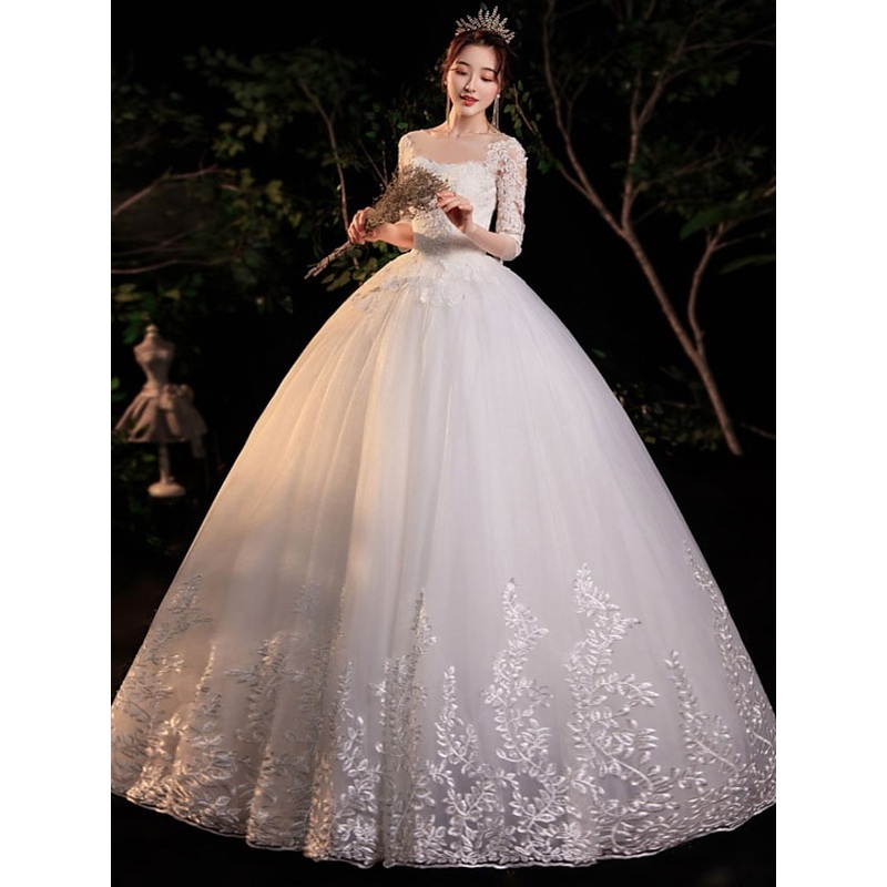 Engagement Formal Wedding Dresses Floor Length Princess Half Sleeve Jewel Neck Lace With Appliques