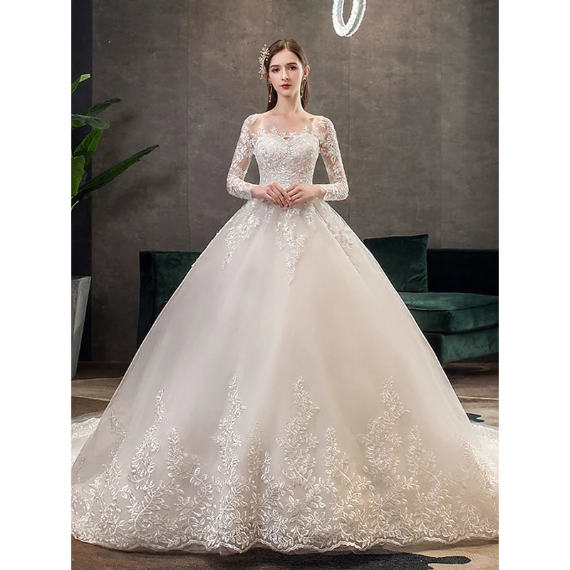 Engagement Open Back Formal Wedding Dresses Chapel Train Princess Long Sleeve Jewel Neck Lace With Pleats Appliques
