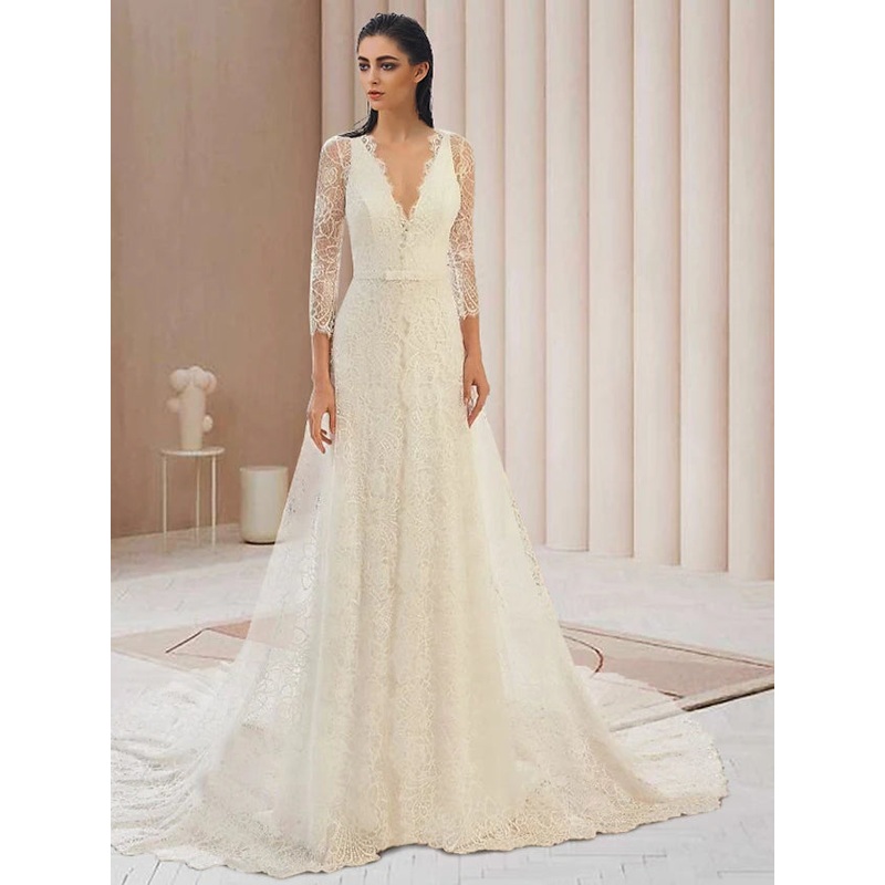 Engagement Open Back Formal Wedding Dresses Court Train Two Piece Long Sleeve V Neck Lace With Bow(s)