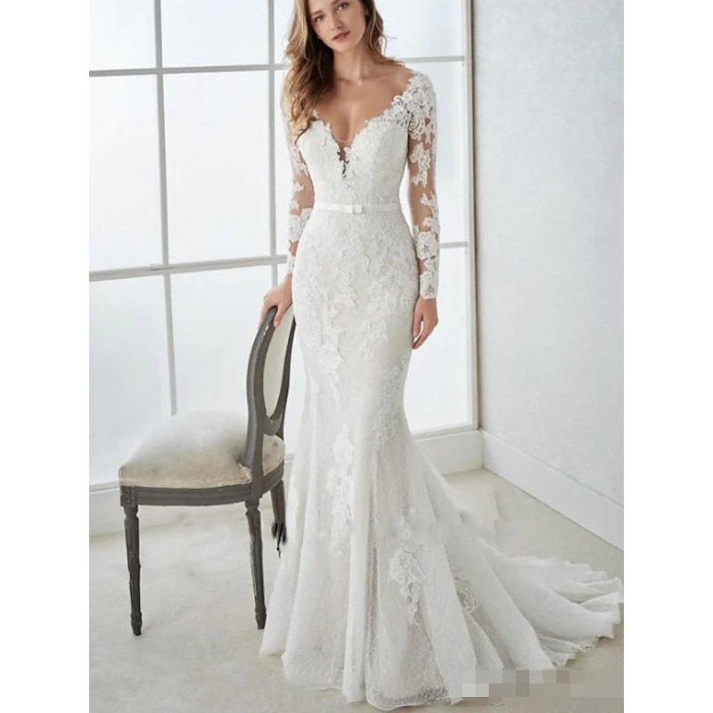 Engagement Open Back Formal Wedding Dresses Trumpet Long Sleeve V Neck Lace With