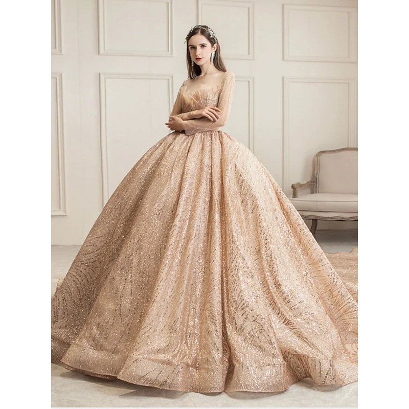 Engagement Sparkle & Shine Wedding Dresses in Color Formal Wedding Dresses Chapel Train Princess Long Sleeve Jewel Neck Tulle With Ruched