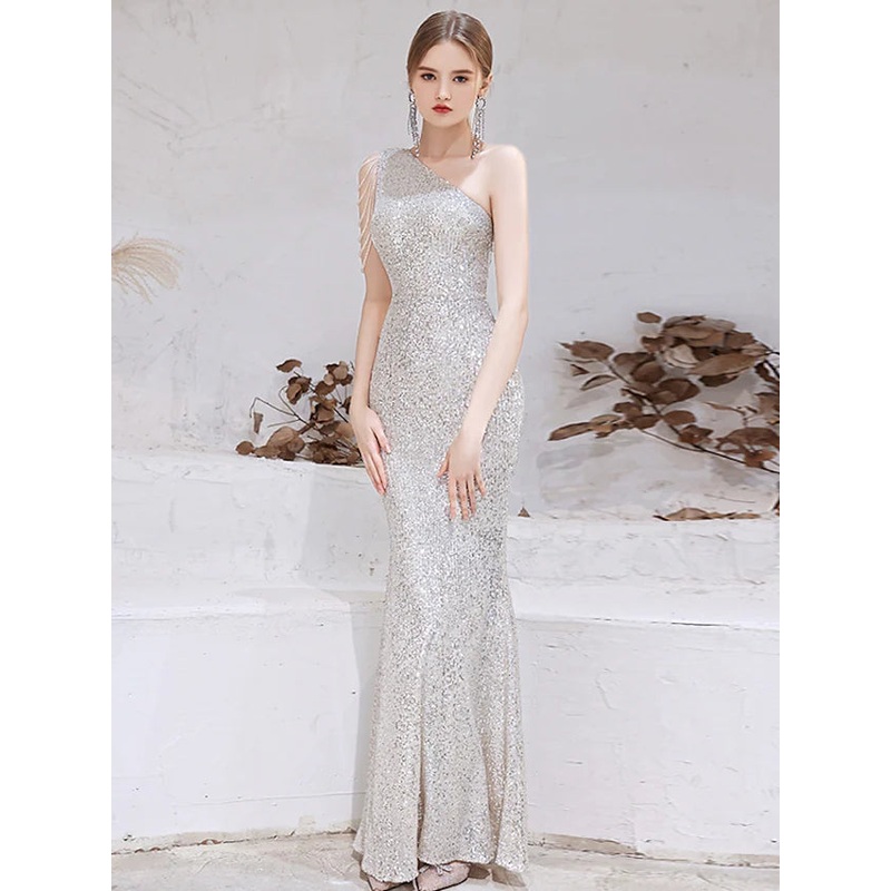 Evening Gown Sparkle Dress Wedding Guest Floor Length Sleeveless One Shoulder Sequined with Beading Sequin