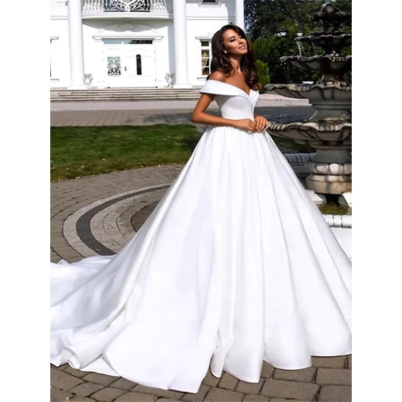 Formal Wedding Dresses Cathedral Train Ball Gown Short Sleeve Off Shoulder Polyester With Pleats