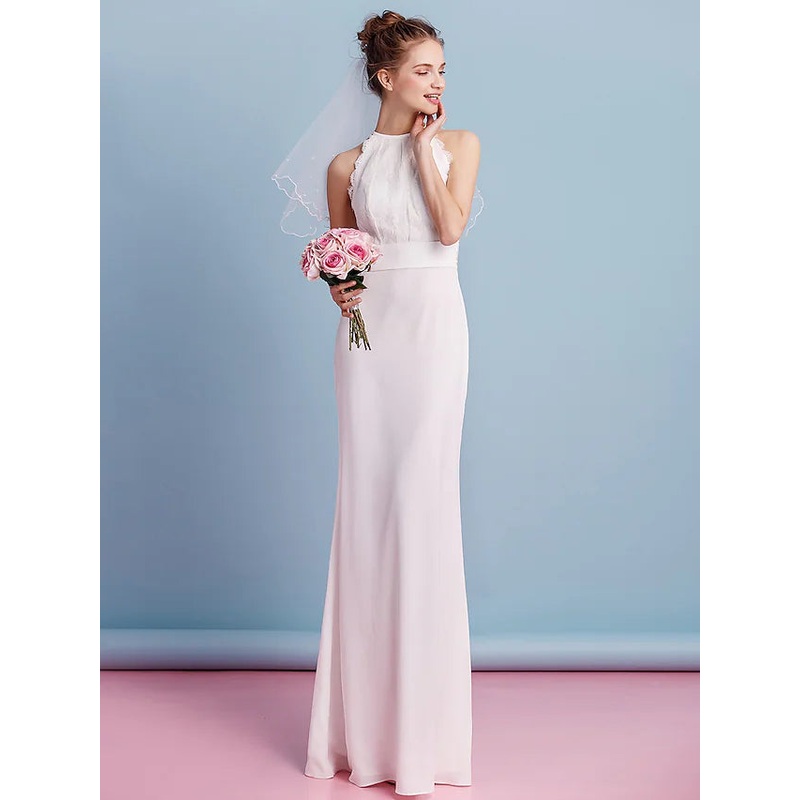 Hall Boho Wedding Dresses Floor Length  Sleeveless Halter Chiffon With Lace