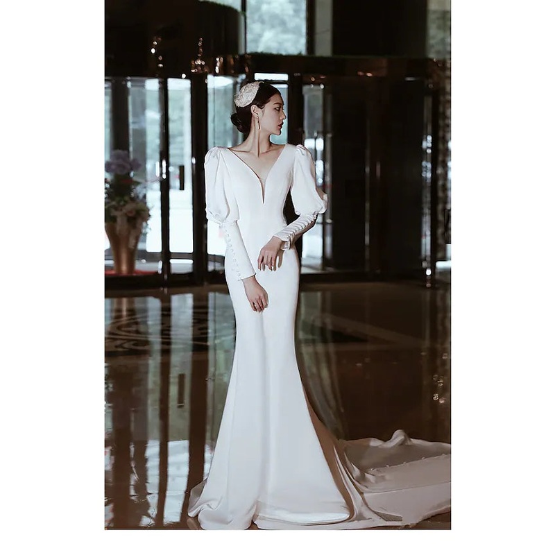 Hall Casual Wedding Dresses Court Train Long Sleeve V Neck Stretch Fabric With Buttons