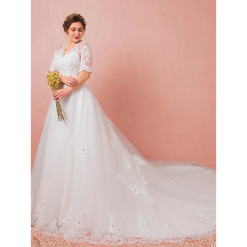 Hall Wedding Dresses Watteau A-Line Half Sleeve V Neck Satin With Lace Crystals