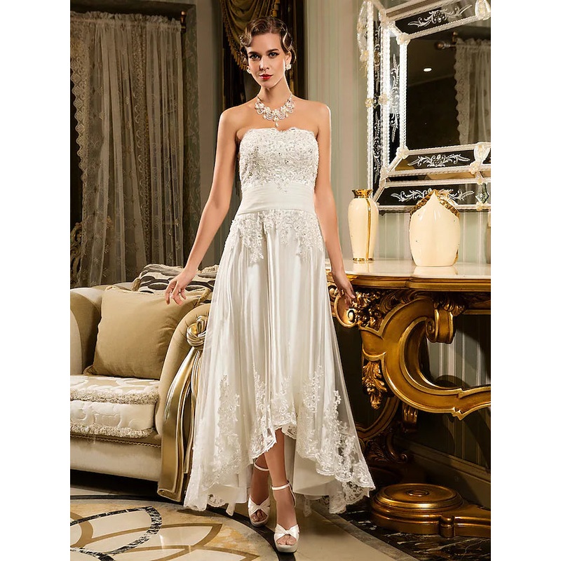 Open Back Little White Dresses Wedding Dresses Asymmetrical A-Line Strapless Strapless Beaded Lace With Appliques Button
