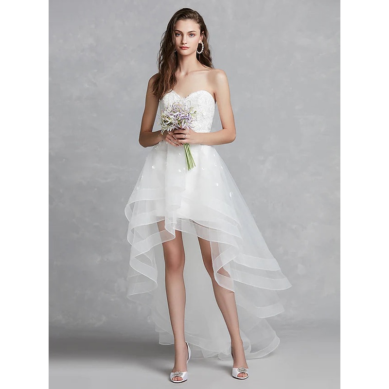 Open Back Little White Dresses Wedding Dresses Asymmetrical A-Line Strapless Sweetheart Lace With Appliques
