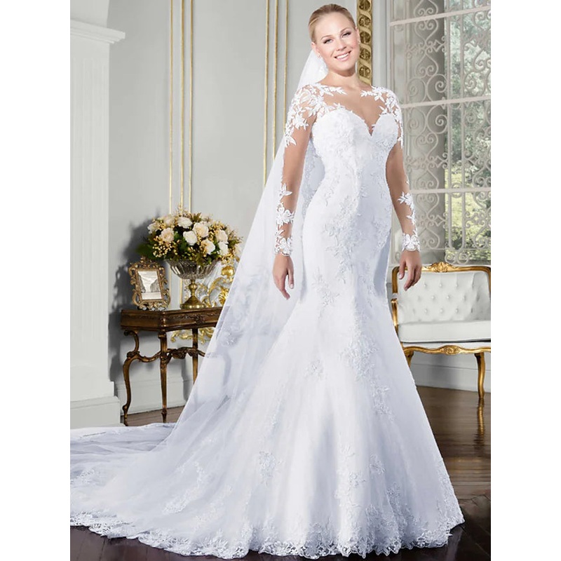 Open Back Sexy Formal Wedding Dresses Chapel Train Mermaid  Trumpet Long Sleeve Bateau Neck Lace With Lace Appliques
