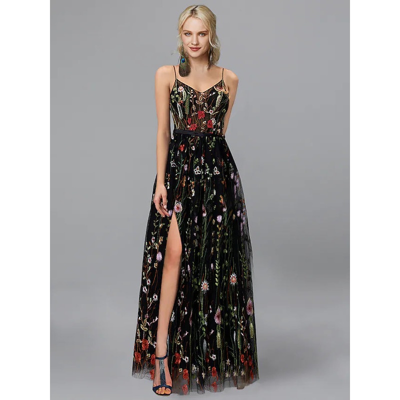 Prom Dresses Elegant Dress Wedding Guest Floor Length Sleeveless Spaghetti Strap Chiffon with Slit Appliques