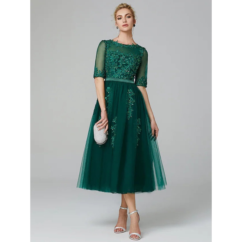 Sparkle Dress Wedding Guest Tea Length Sleeveless Illusion Neck Lace Over Tulle with Sequin Appliques