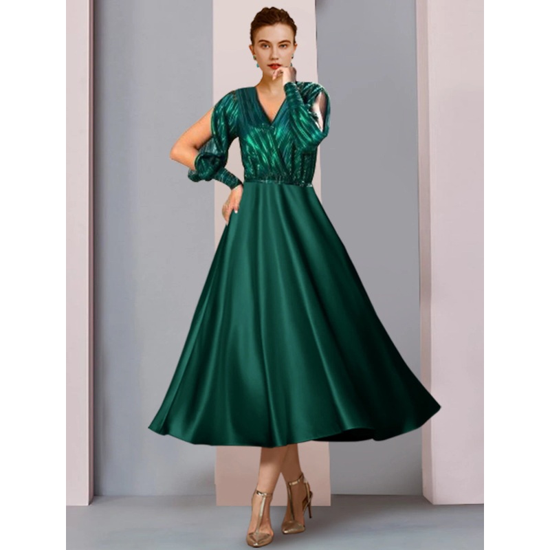 A-Line Mother of the Bride Dress Formal Wedding Guest Party Sparkle & Shine V Neck Tea Length Satin Charmeuse Half Sleeve with Pleats