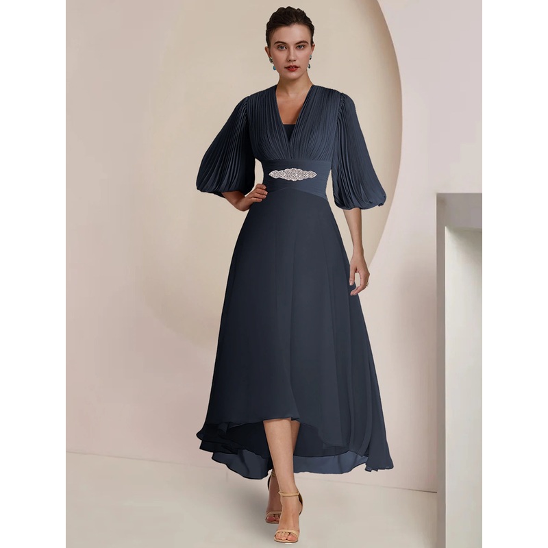 A-Line Mother of the Bride Dress Formal Wedding Guest Party Vintage Elegant V Neck Tea Length Chiffon 3/4 Length Sleeve with Pleats Crystals