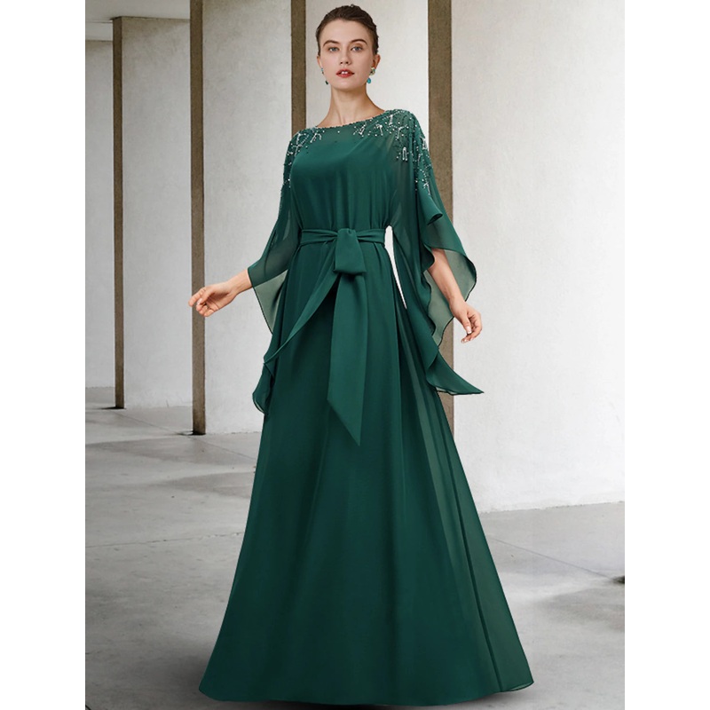 A-Line Mother of the Bride Dress Luxurious Elegant Jewel Neck Floor Length Chiffon Half Sleeve with Sash / Ribbon Beading