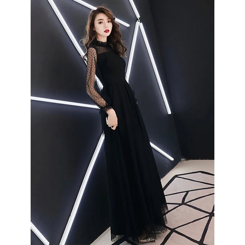 Little Black Dress Elegant Party Wear Prom Dress High Neck Long Sleeve Floor Length Lace with Ruffles
