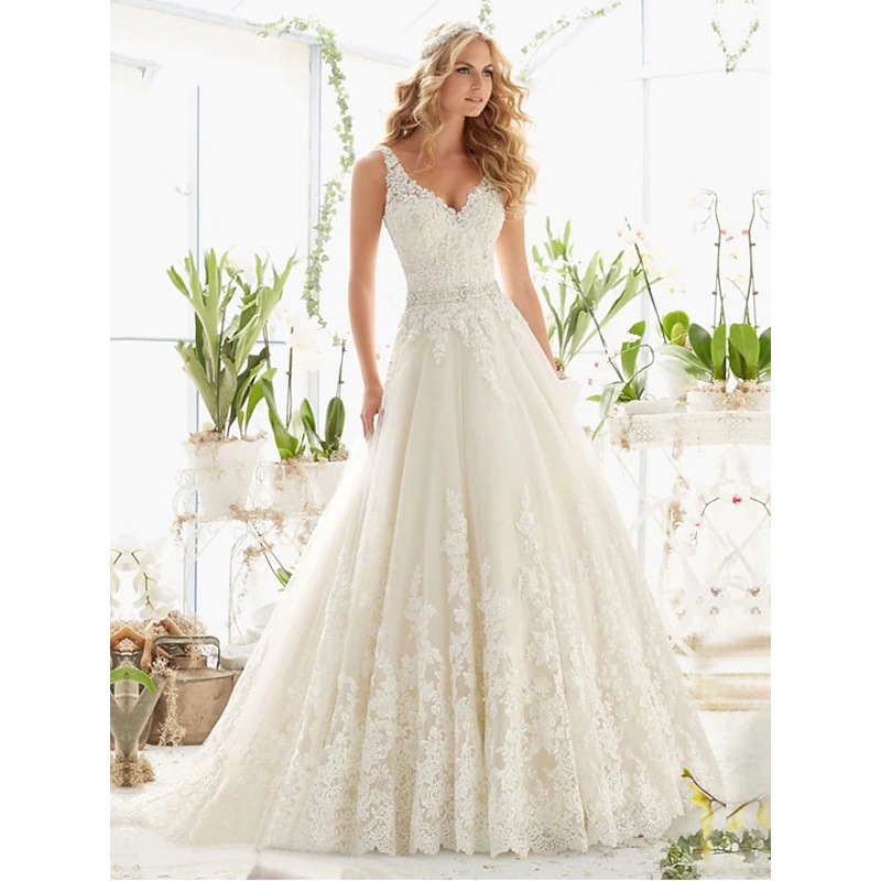 Open Back Sexy Formal Wedding Dresses Court A-Line Regular Straps V Neck Lace