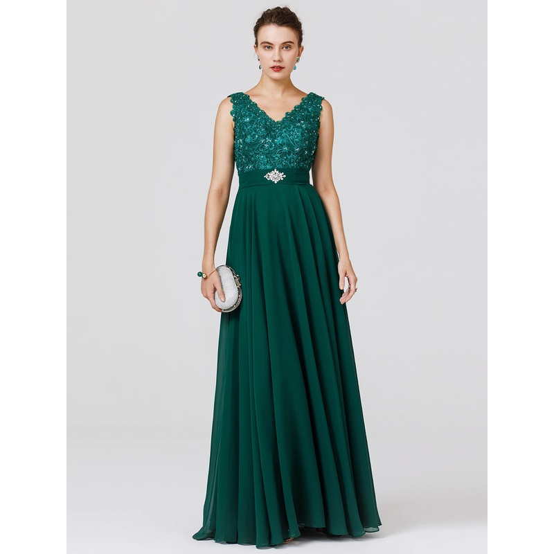A-Line Elegant Dress Wedding Guest Floor Length Sleeveless V Neck Chiffon V Back with Sash / Ribbon Beading