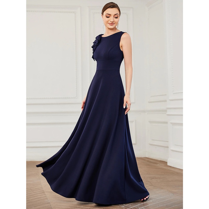 A-Line Evening Gown Plus Size Dress Formal Floor Length Sleeveless Jewel Neck Polyester with Draping Appliques Pure Color