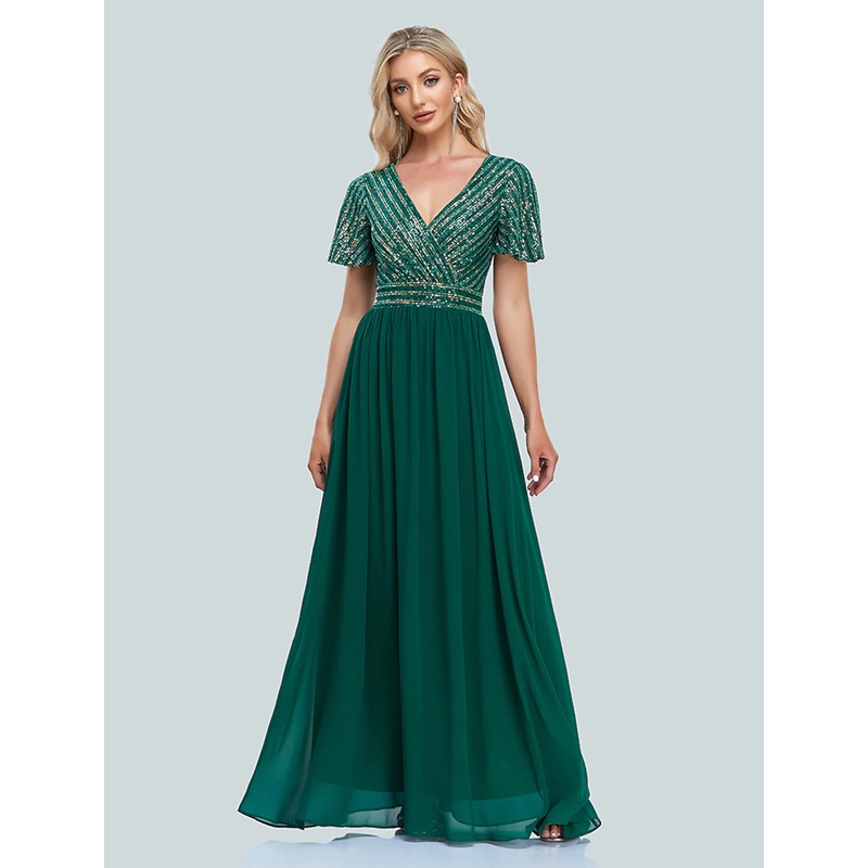 A-Line Mermaid / Trumpet Evening Gown Elegant Dress Christmas Floor Length Short Sleeve V Neck Sequined with Sequin