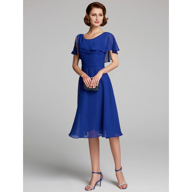 A-Line Mother of the Bride Dress Cowl Neck Knee Length Chiffon Short Sleeve with Ruffles
