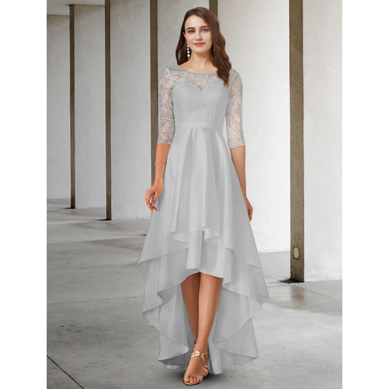 A-Line Mother of the Bride Dress Elegant High Low Jewel Neck Asymmetrical Chiffon Lace Half Sleeve with Appliques Cascading Ruffles