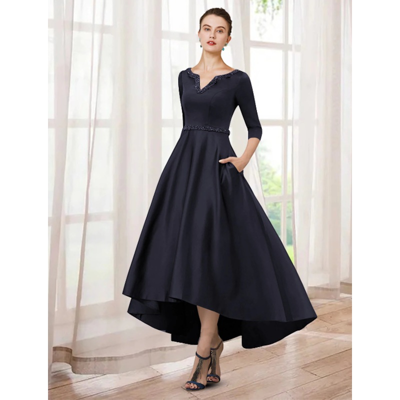 A-Line Mother of the Bride Dress Elegant High Low V Neck Asymmetrical Tea Length Satin Half Sleeve with Beading