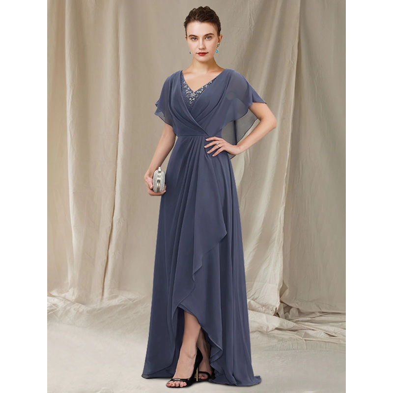 A-Line Mother of the Bride Dress Elegant High Low V Neck Sweep / Brush Train Asymmetrical Chiffon Short Sleeve with Lace Cascading Ruffles