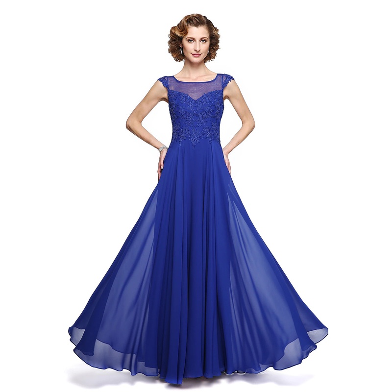 A-Line Mother of the Bride Dress Elegant Jewel Neck Ankle Length Chiffon Lace Sleeveless with Appliques