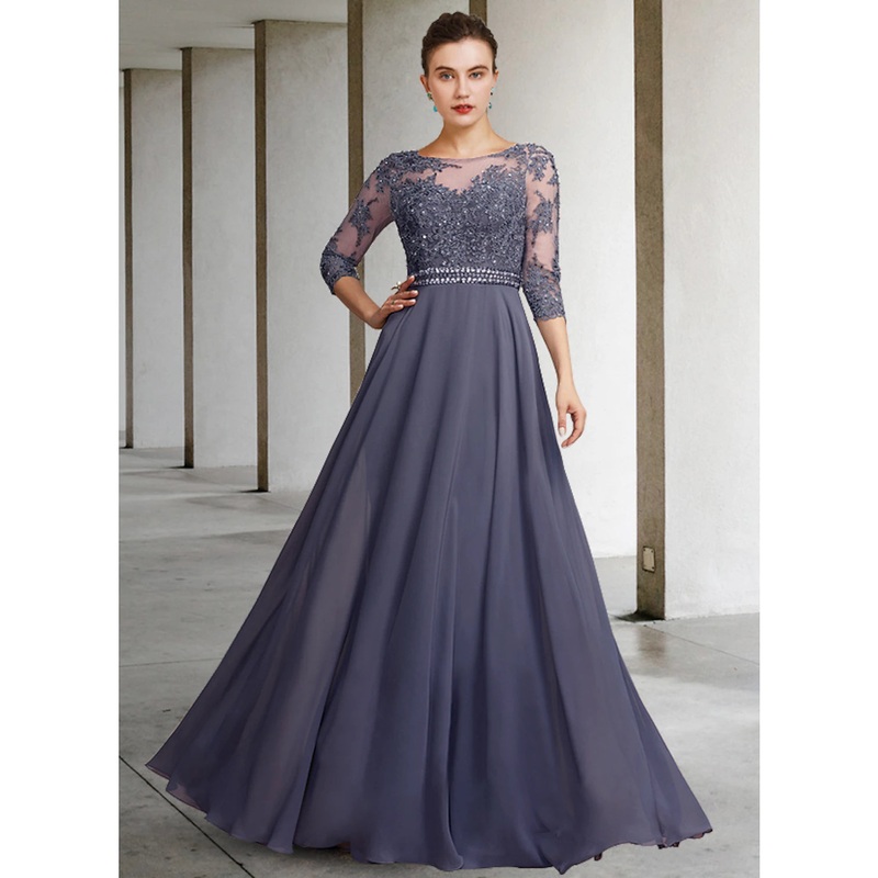 A-Line Mother of the Bride Dress Elegant Jewel Neck Floor Length Chiffon Lace 3/4 Length Sleeve with Pleats Appliques