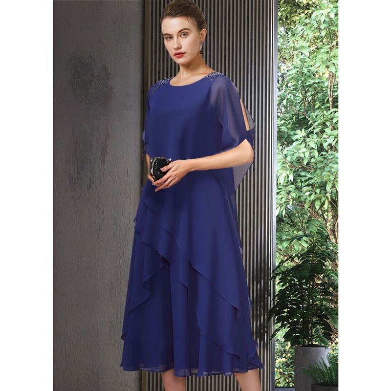 A-Line Mother of the Bride Dress Elegant Jewel Neck Tea Length Chiffon Half Sleeve with Cascading Ruffles