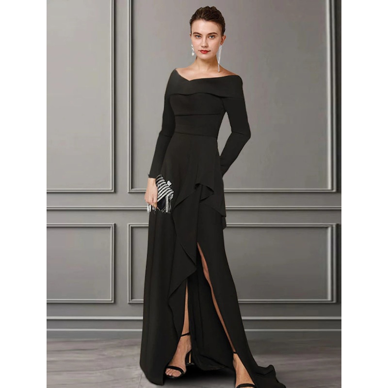 A-Line Mother of the Bride Dress Elegant Off Shoulder Sweep / Brush Train Lace Stretch Fabric Long Sleeve with Ruched Split Front