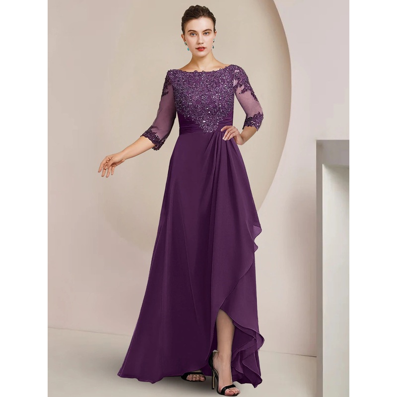A-Line Mother of the Bride Dress Formal Wedding Guest Elegant High Low Scoop Neck Asymmetrical Floor Length Chiffon Lace 3/4 Length Sleeve with Beading Sequin Appliques
