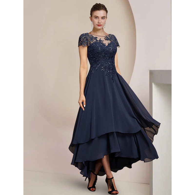A-Line Mother of the Bride Dress Formal Wedding Guest Elegant High Low Scoop Neck Asymmetrical Tea Length Chiffon Lace Short Sleeve with Sequin Appliques