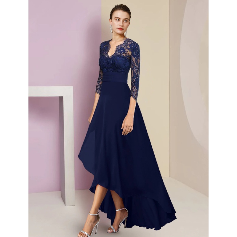 A-Line Mother of the Bride Dress Formal Wedding Guest Elegant High Low V Neck Asymmetrical Tea Length Chiffon Lace 3/4 Length Sleeve with Ruched