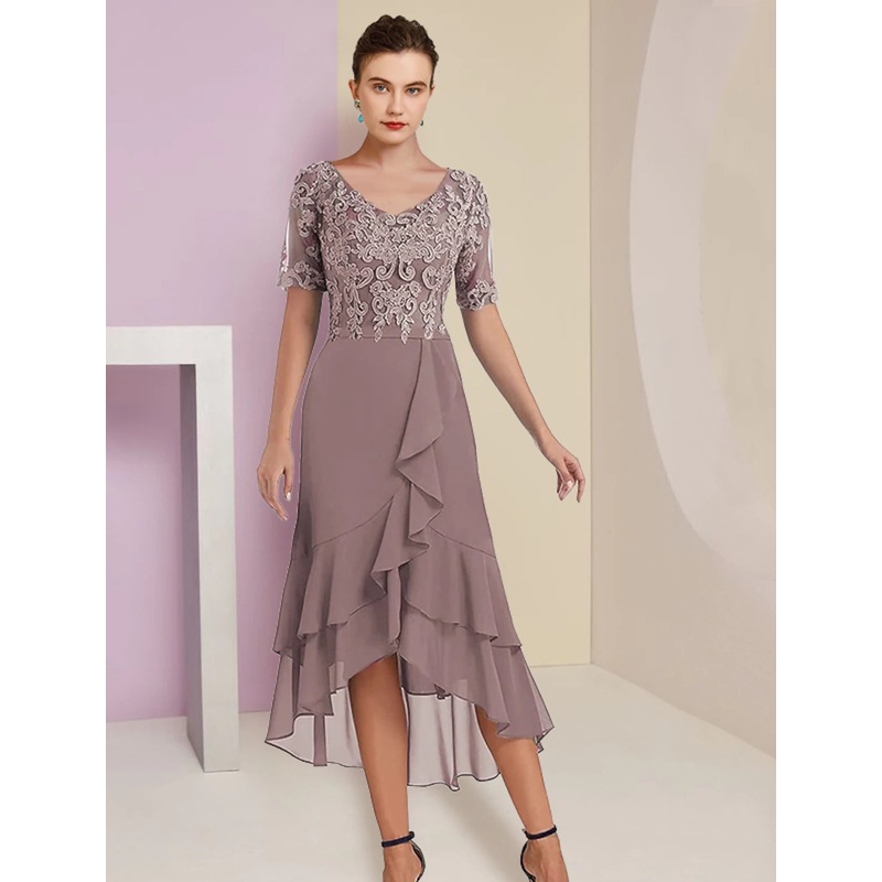 A-Line Mother of the Bride Dress Formal Wedding Guest Elegant High Low V Neck Asymmetrical Tea Length Chiffon Lace Short Sleeve Wrap Included with Appliques