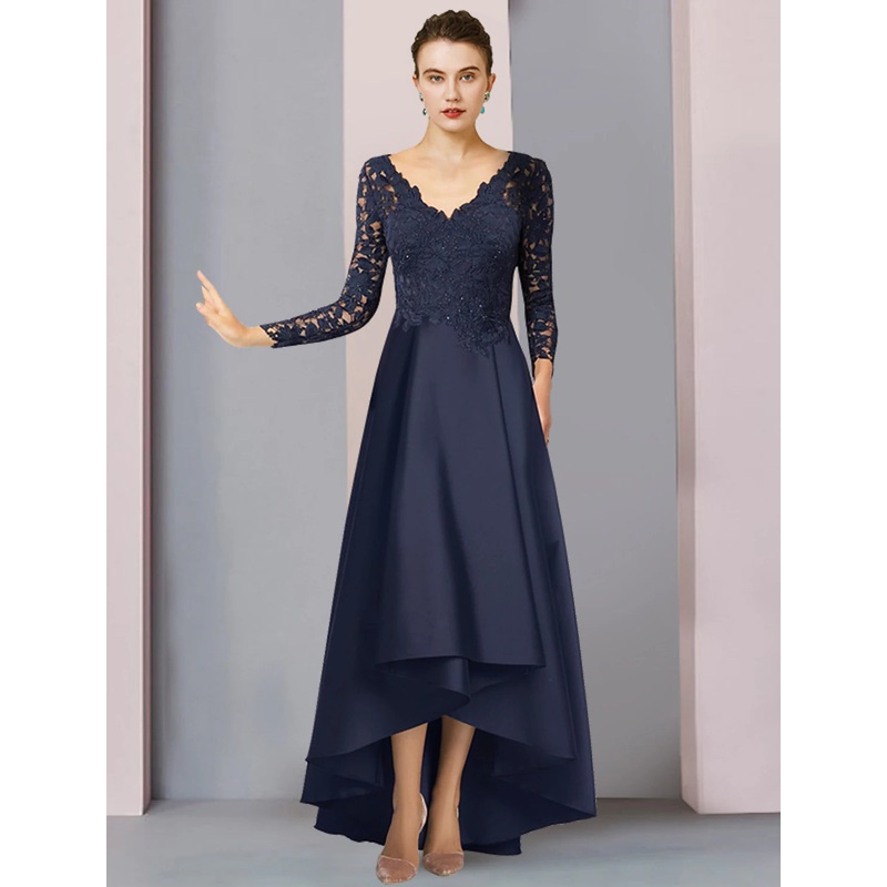 A-Line Mother of the Bride Dress Formal Wedding Guest Elegant High Low V Neck Asymmetrical Tea Length Satin Lace Long Sleeve with Pleats Appliques