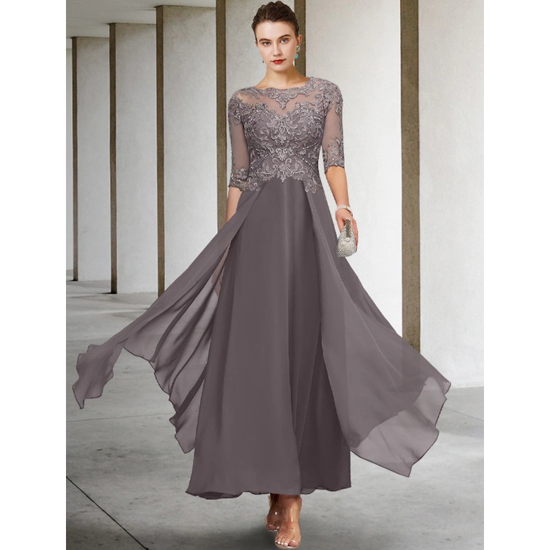 A-Line Mother of the Bride Dress Formal Wedding Guest Elegant Scoop Neck Asymmetrical Ankle Length Chiffon Lace Half Sleeve No with Beading Appliques