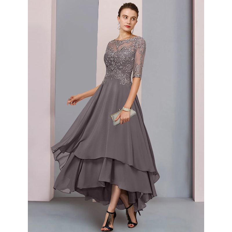 A-Line Mother of the Bride Dress Formal Wedding Guest Elegant Scoop Neck Asymmetrical Tea Length Chiffon Lace 3/4 Length Sleeve with Beading Tier Appliques
